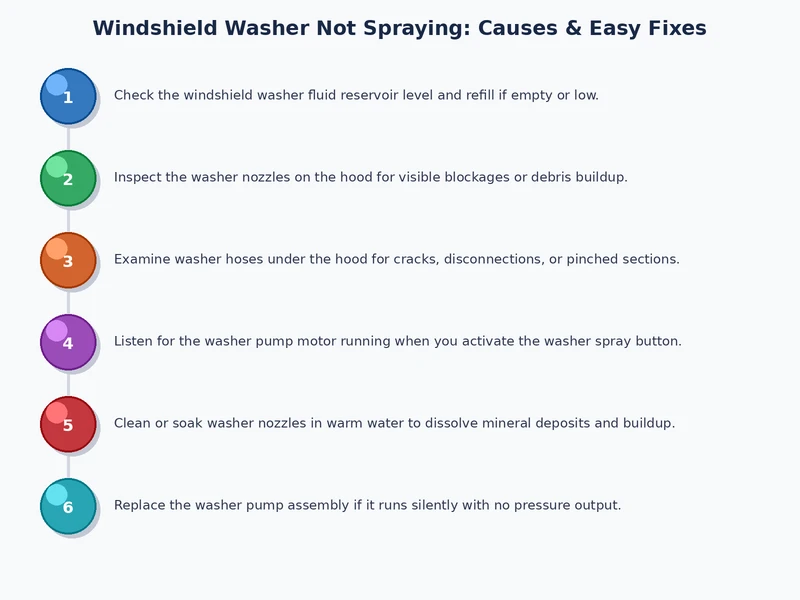 Windshield washer system diagnostic process diagram showing reservoir, pump, line, and nozzle checks