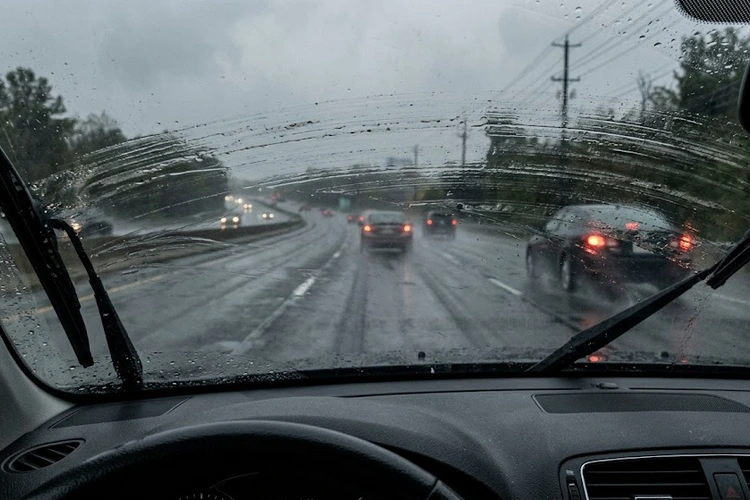 Windshield wipers leaving streaks on a rain-covered car windshield