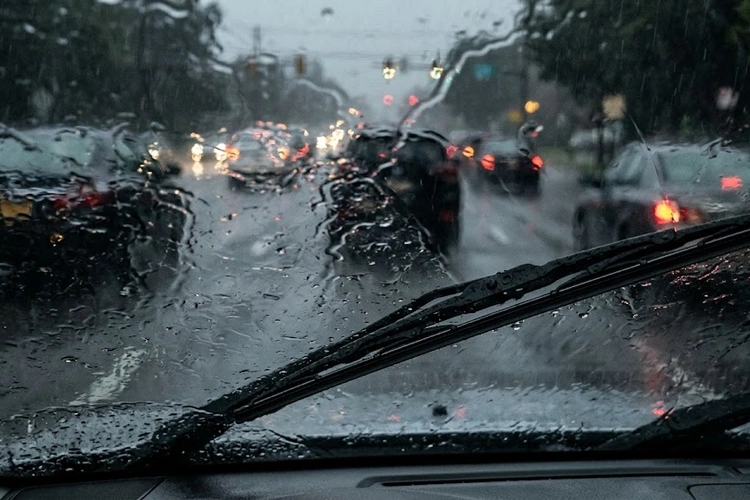 Windshield wipers not working on a car during a rainstorm