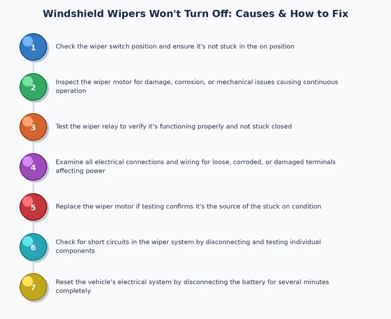 Step-by-step diagnostic process for windshield wipers that won't turn off, from relay check to BCM