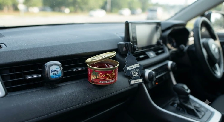 An assortment of car air fresheners — a vent clip, a gel can, and a hanging card — arranged on a car dashboard with a blurred interior background.