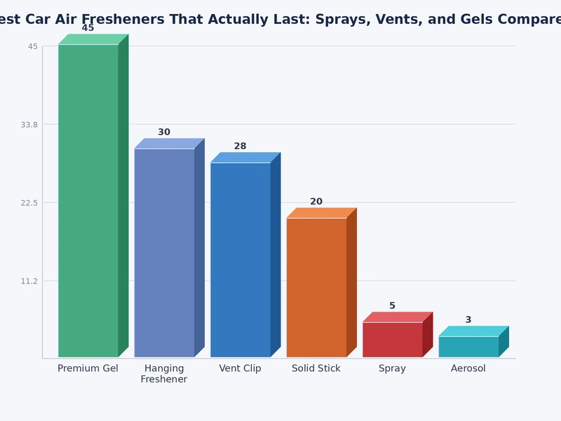 bar chart comparing average lifespan in days for spray, vent clip, and gel car air freshener formats