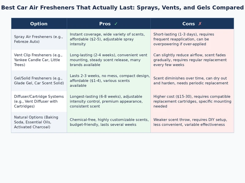 comparison chart of spray vs vent clip vs gel car air freshener formats by lifespan cost and scent intensity