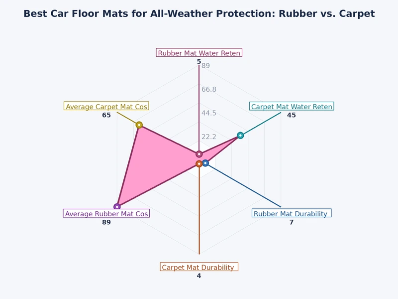 bar chart comparing rubber vs carpet all weather car floor mat performance scores across key attributes
