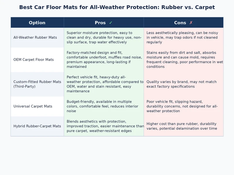 rubber vs carpet all weather car floor mat comparison infographic showing durability cleaning and cost