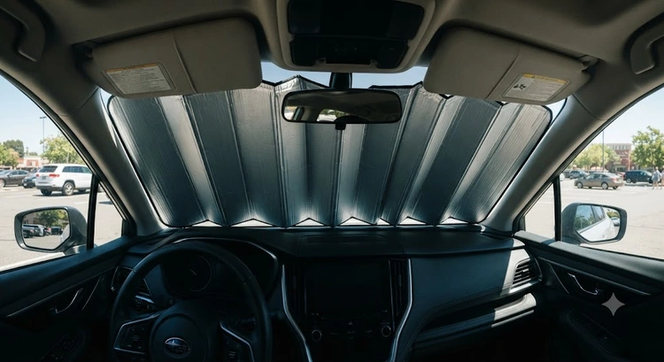 A reflective accordion-style sun shade deployed across the full windshield of a car parked in a sunny parking lot, blocking direct sunlight from the dashboard.