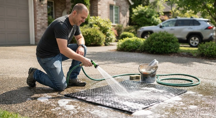 A person hosing down a heavy rubber floor mat on a driveway, with soapy water and a scrub brush visible beside them on a sunny day.