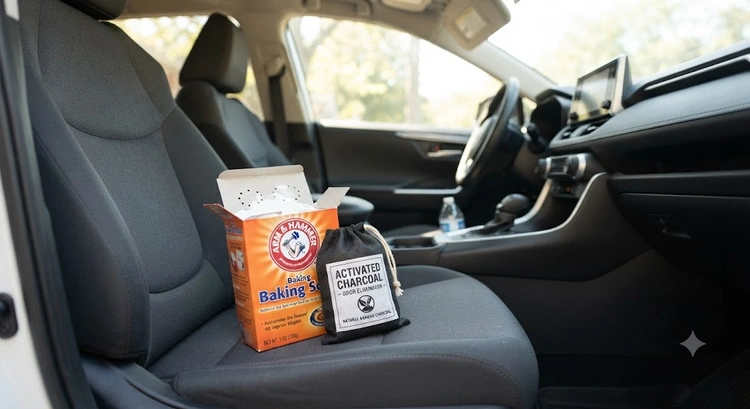 An open box of baking soda and a small activated charcoal bag placed on a car seat, with a clean, sunlit car interior in the background.