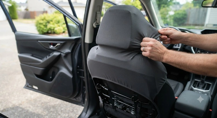 A pair of hands stretching a gray seat cover over a car headrest, with the hooks and straps visible underneath the seat. The car door is open in the background.