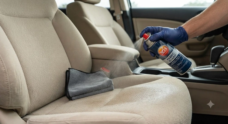 A bottle of fabric protector spray being applied to a beige car seat, with a microfiber applicator pad resting beside it on the seat cushion.