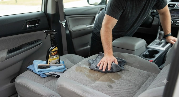 A person using a microfiber cloth and spray cleaner to scrub a stain on a gray fabric car seat. Cleaning supplies are visible on the adjacent seat.