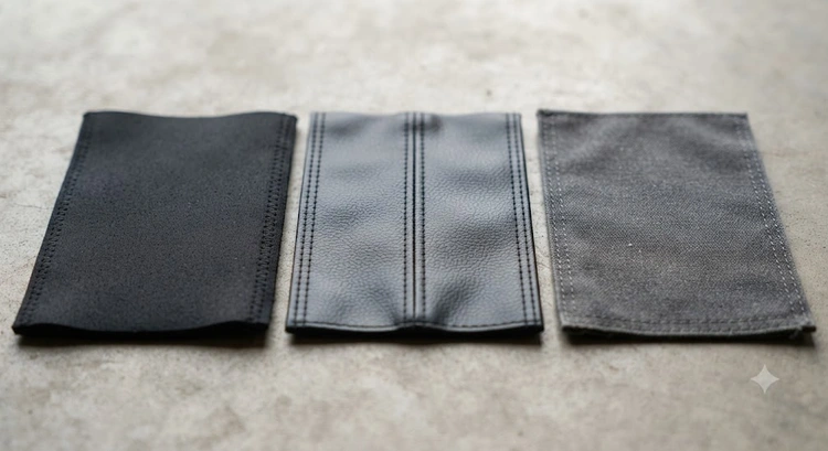 Three swatches of seat cover material — neoprene, faux leather, and canvas — laid side by side on a neutral surface, showing distinct textures and finishes.