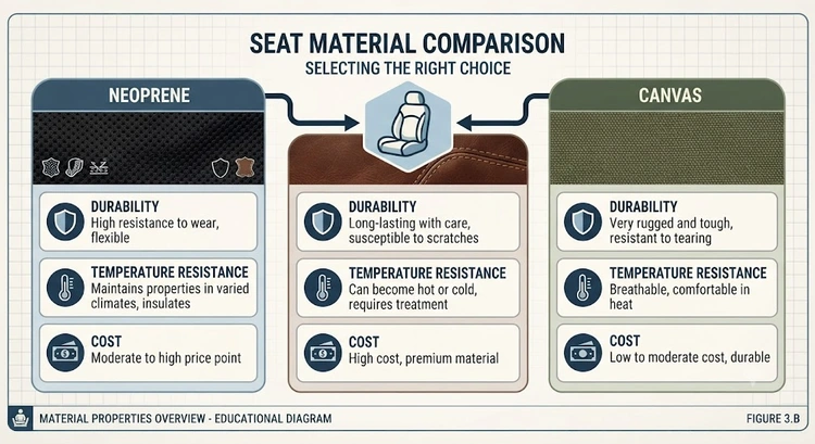 Infographic comparing neoprene vs leather seat covers and canvas by durability, cost, climate suitability, and maintenance