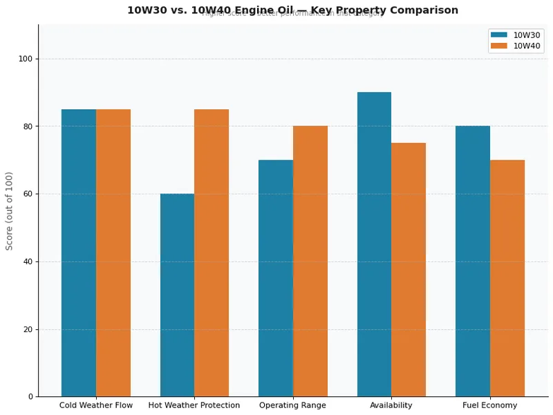 10W30 vs 10W40 engine oil key property comparison chart