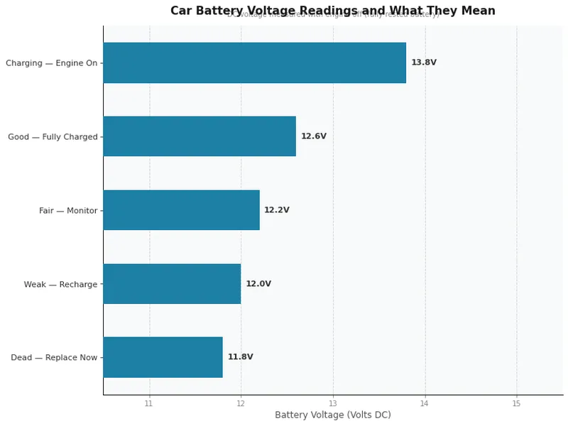 Bar chart showing car battery voltage readings and what each level means