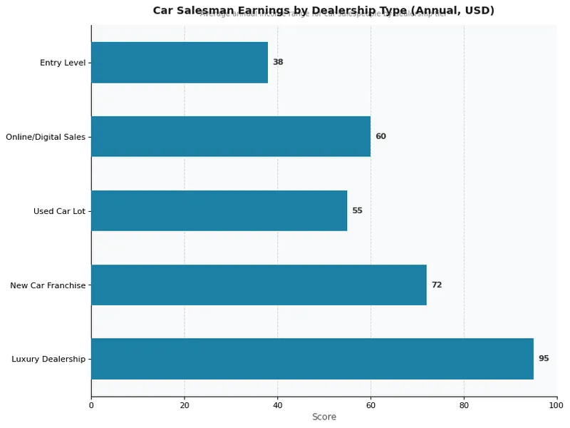 Car Salesman Earnings by Dealership Type (Annual, USD)